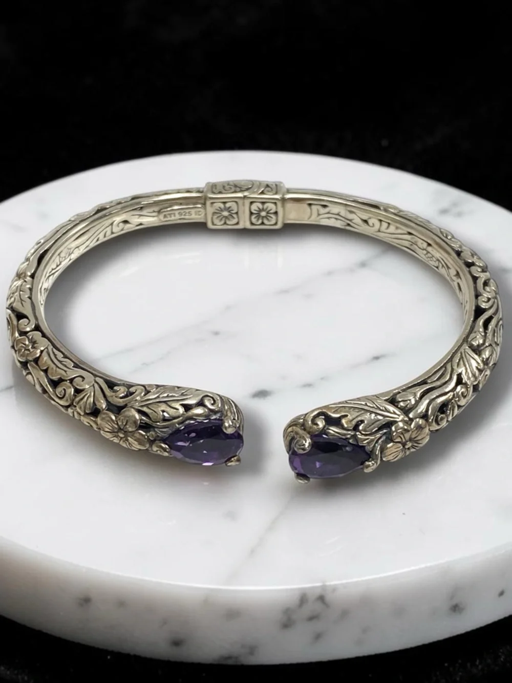 Estate Embossed Sterling Silver 925 Amethyst Cuff Hinged Bangle Bracelet! - Picture 6 of 16